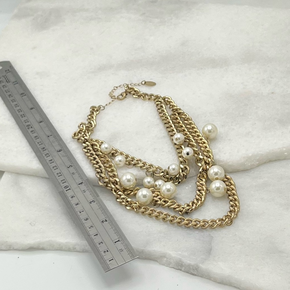 ✔️Gold Triple Chunky Chain Necklace with Various Sized Hanging Pearls - Picture 16 of 16